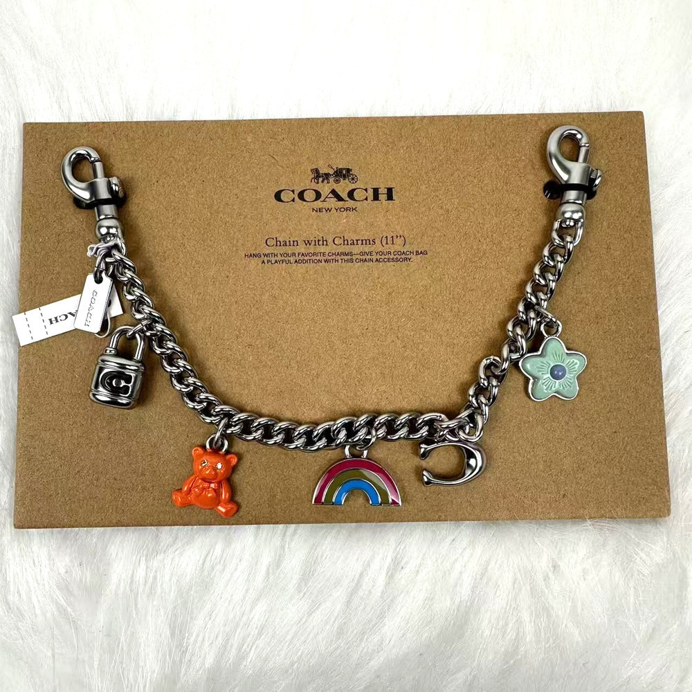 Coach Silver Swagger Chain With Charms Flower, Bear, C, Rainbow, Lock CW662 NWT